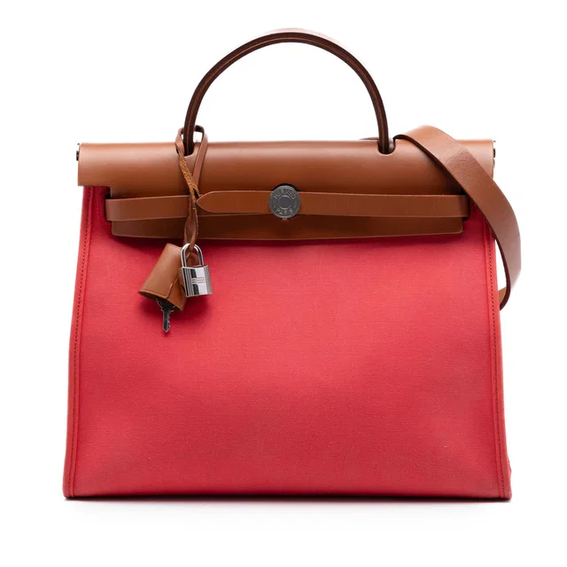 Red Hermès Toile Herbag Zip 31 Satchel in Red Canvas from Designer Revival