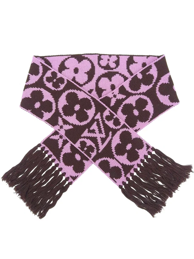 Louis Vuitton Wool Monogram Motif Scarf Brown/Pink in Brown Wool from VINTAGE QOO TOKYO