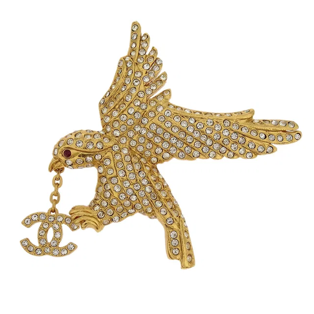 Chanel Eagle Brooch Pin Gold Rhinestone 01P in Gold from AMORE Vintage Tokyo