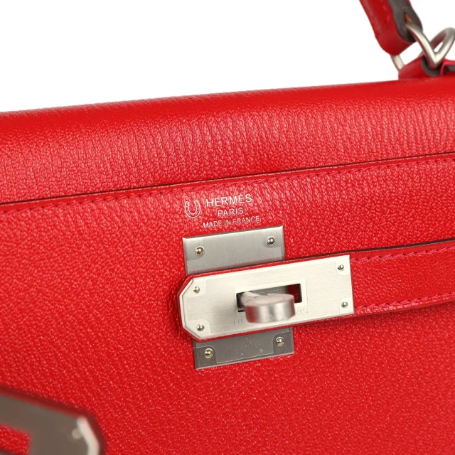 Hermès Special Order (HSS) Kelly Sellier 28 Rouge De Coeur Chevre Mysore Brushed Palladium Hardware in Red Goatskin from Madison Avenue Couture, photo 7 of 9