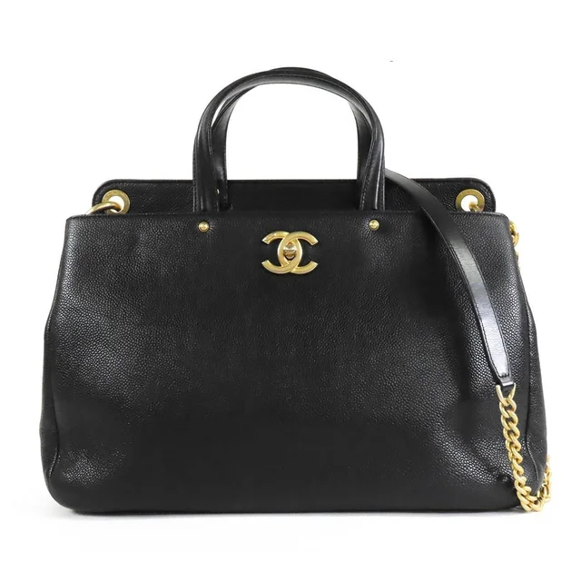 Chanel CC Logo Black Gold Caviar Leather 2-Way Tote Shoulder Bag in Black Caviar leather from The Reluxe