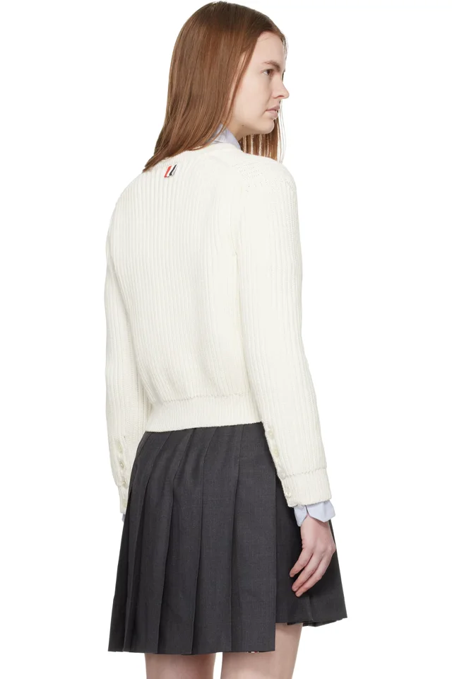 Thom Browne White Full Stitch Cropped Crew Neck Cardigan, photo 3 of 5 from SSENSE