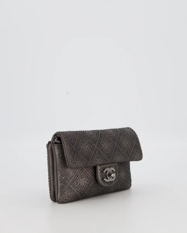 Chanel Grey Embellished Rhinestones Mini Flap Bag in Suede Leather With Gunmetal Hardware in Grey Suede from Sellier, photo 3 of 19