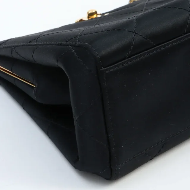 Chanel Ca. 1998 Silk Satin Matelassé Stitch CC Turn-Lock Chain Bag Black in Black Satin from VINTAGE QOO TOKYO, photo 8 of 12