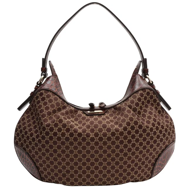 Celine Macadam Pattern Croc-Embossed Shoulder Bag Brown in Brown Crocodile from VINTAGE QOO TOKYO