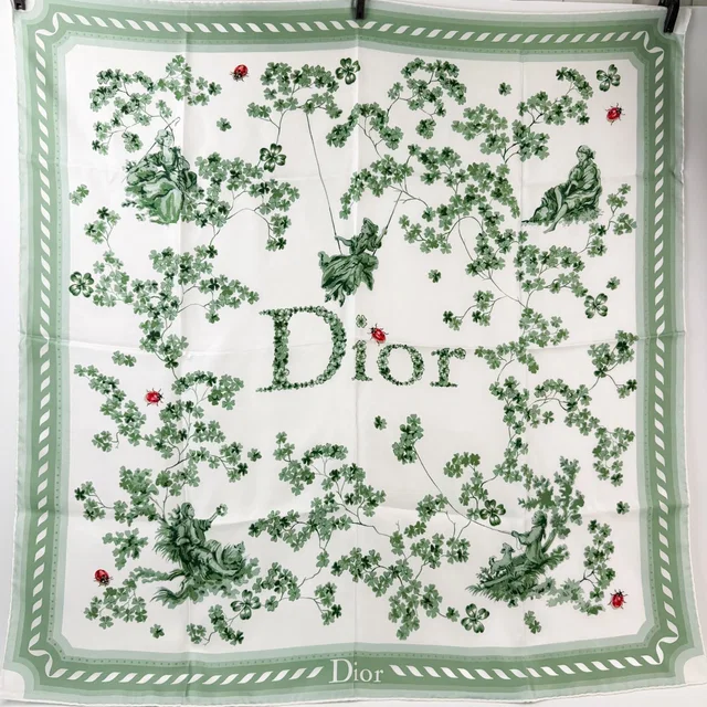 Dior Toile de Jouy Clover 90 Scarf Silk 100% Green White Vintage in White Silk from The Reluxe