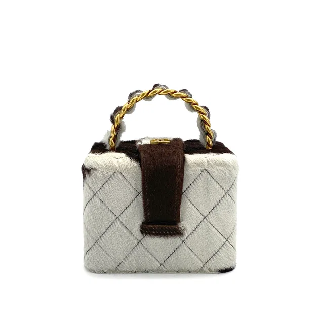 Chanel Vintage Matelasse Chain Hand Mini Bag Brown White Unborn Calf Gold Hardware in Brown Leather from Luxury Promise