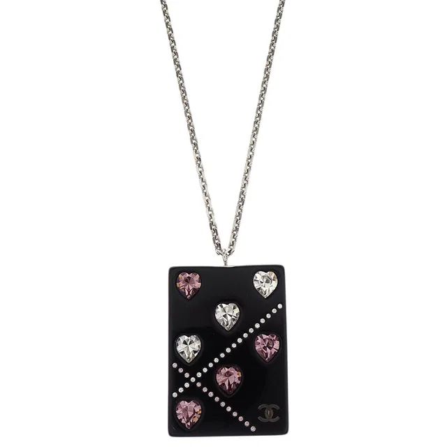 Chanel Silver Acrylic Rectangle Pendant Necklace Rhinestone 04A in Silver Resin from AMORE Vintage Tokyo