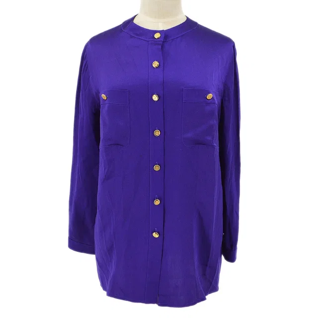 Chanel 1991 logo-buttons collarless silk shirt #38 in Silk from AMORE Vintage Tokyo