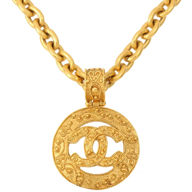 Chanel 1994 Round Cutout CC Mark Long Chain Necklace, Gold in Gold from VINTAGE QOO TOKYO