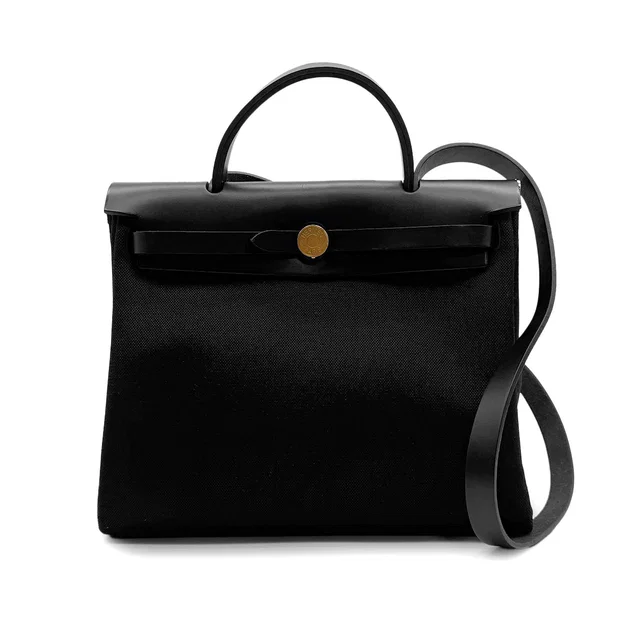 Hermès Her Bag Zip PM 31 Black Vache Hunter Toile Militaire Tote Shoulder Bag 2022 U Stamp in Black from Luxury Promise