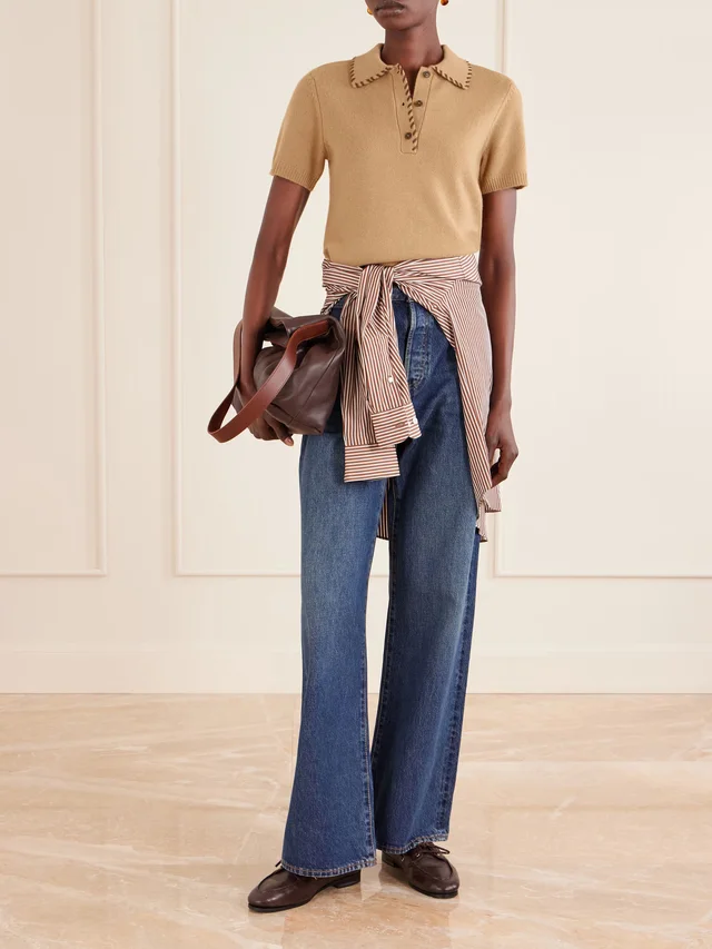 FRAME Whipstitched leather-trimmed wool and cashmere-blend polo shirt in Beige, photo 2 of 2 from NET-A-PORTER (Canada)