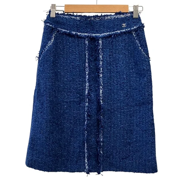 Chanel 05c CC Logo Tweed Skirt 38 Blue in Blue Tweed from The Reluxe