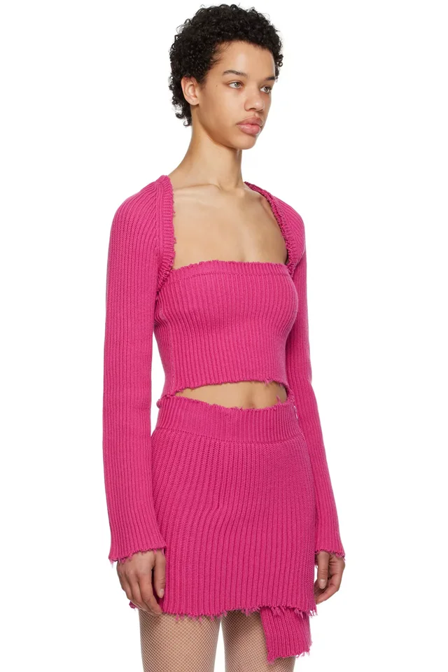 MM6 Maison Margiela Pink Raw Edge Cardigan, photo 2 of 4 from SSENSE