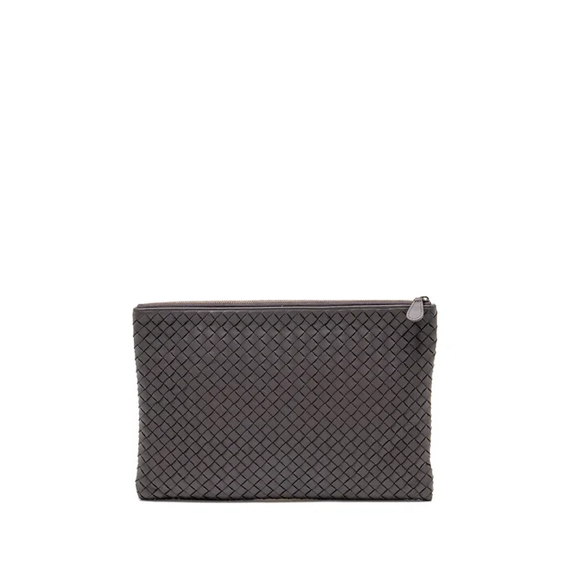 Bottega Veneta Intrecciato Clutch Leather Brown SHW in Brown Woven leather from EMIER