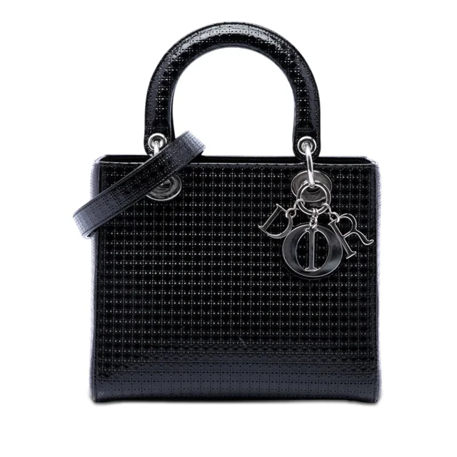 Black Dior Medium Metallic Patent Microcannage Lady Dior Satchel in Black Patent leather from Designer Revival