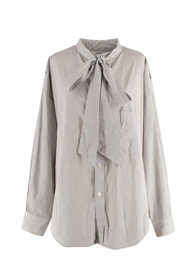 Balenciaga White and Navy Striped Logo Oversized Shirt with Tie Detail in White from HEWI