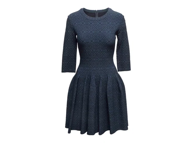 Navy & Black Alaia Patterned Three-Quarter Sleeve Fit & Flare Dress Size FR 40 in Black from Designer Revival, photo 1 of 1