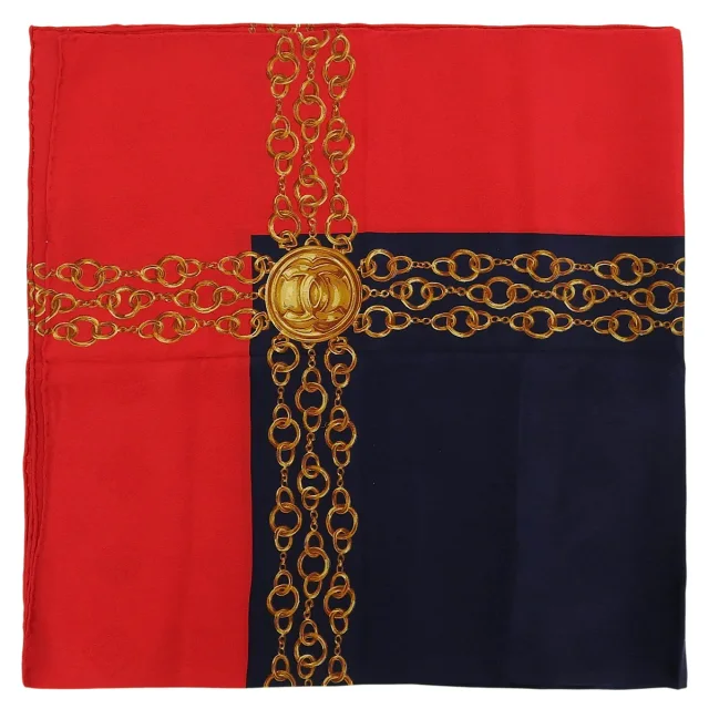 Chanel CC Mark Chain Pattern Scarf Red/Navy in Red Silk from VINTAGE QOO TOKYO, photo 4 of 10