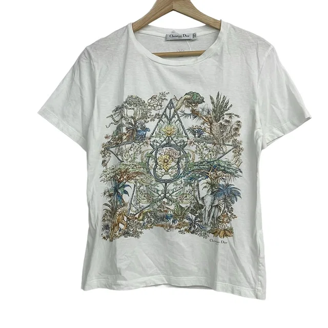 Dior Short Sleeve T-Shirt White Green Multi Crew Neck Floral Pattern M in White from The Reluxe