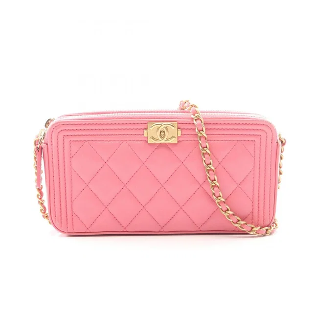 Chanel Shoulder Bag Boy Pink Lambskin Boy Phone Case Chain Wallet in Pink Lambskin from The Reluxe