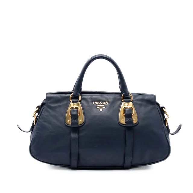 Blue Prada Soft Calfskin Shopping Satchel in Blue Calfskin from Designer Revival