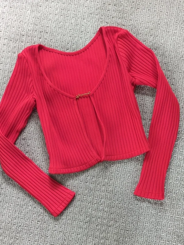Jacquemus Cherry Red Ribbed Cropped Cardigan W/Gold Hardware, Size S in red|gold from Poshmark