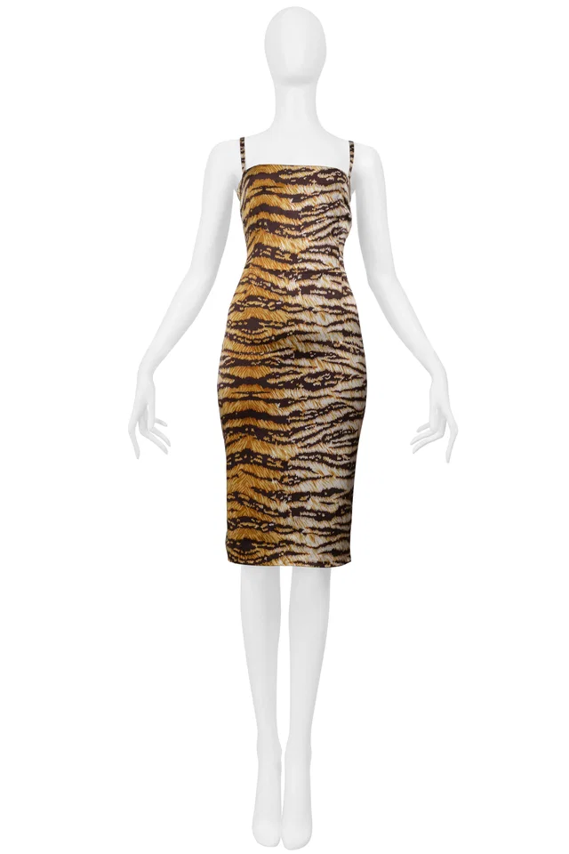 Dolce & Gabbana Brown Tiger Print Satin Dress in Brown Satin from Resurrection Vintage