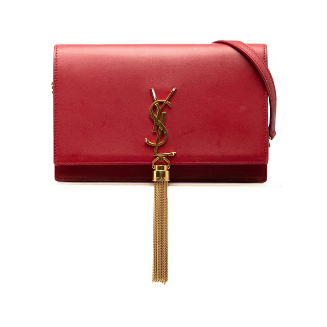 Red Saint Laurent Smooth Calfskin Monogram Kate Tassel Wallet on Chain Crossbody Bag in Red Calfskin from Designer Revival