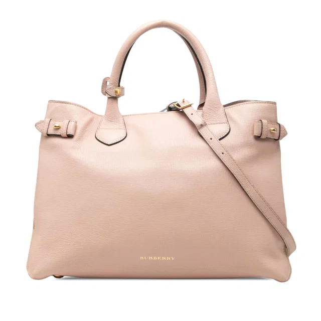 Pink Burberry Medium Leather and House Check Banner Satchel in Pink Leather from Designer Revival