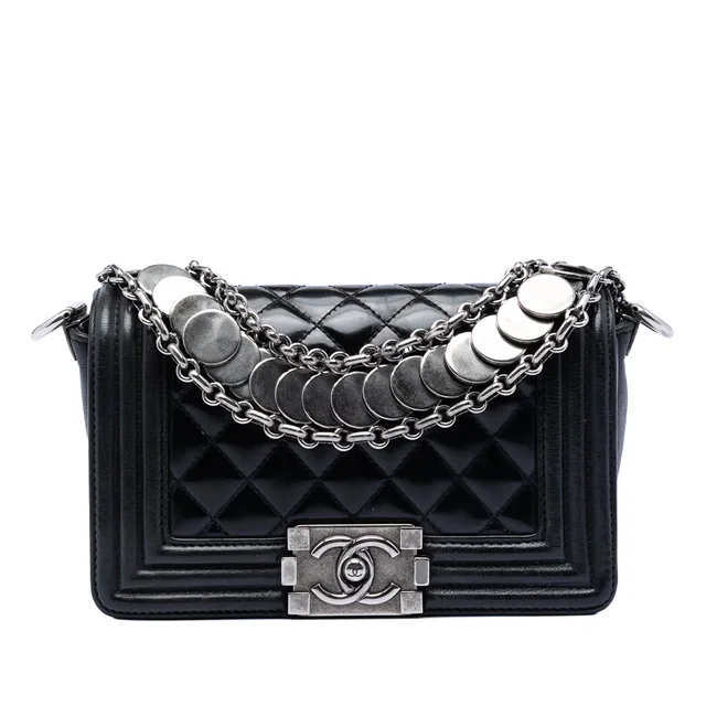 Black Chanel Paris Bombay Small Quilted Patent Medallion Embellished Boy Flap Satchel in Black Patent leather from Designer Revival