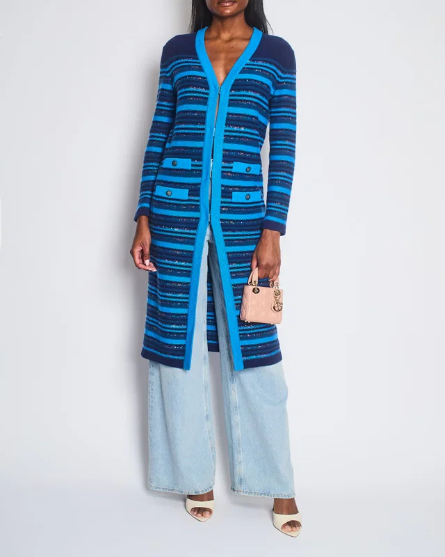 Chanel 20C Blue and Navy Cashmere Striped Long Cardigan with Multicolour Sequins Detail and Silver… in Navy Cashmere from Sellier