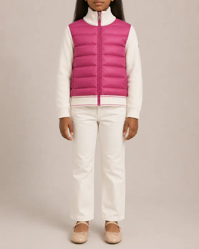 Moncler Kids White Knit and Pink Puffer Jacket Size 14 years in White from Sellier