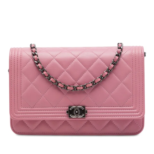 Pink Chanel Quilted Lambskin Boy Wallet On Chain Crossbody Bag in Pink Lambskin from Designer Revival