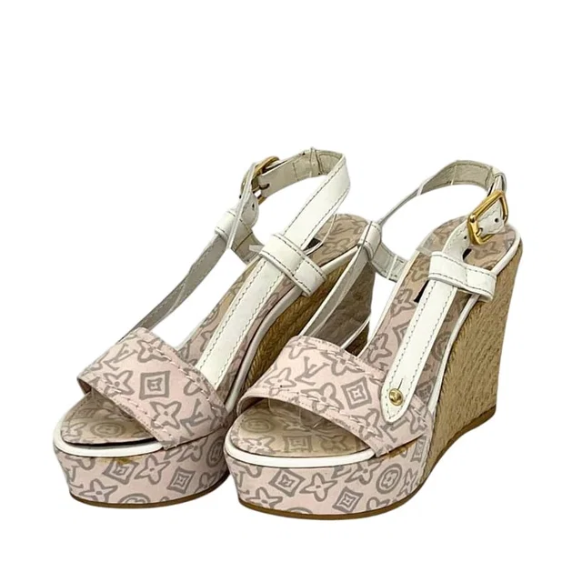 Louis Vuitton Wedge Sole Sandals Pink White Monogram Canvas 34 in White Coated canvas from The Reluxe