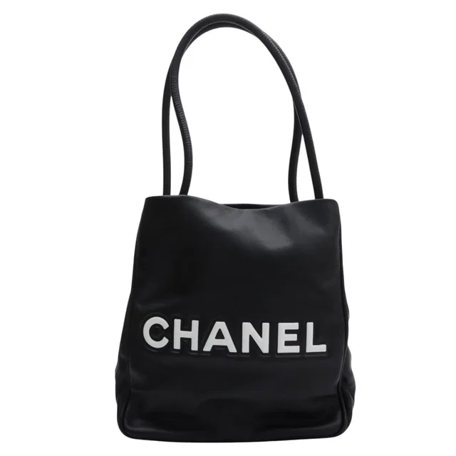 Chanel Circa 2001 Camellia Logo Tote Bag Black/White in Black Lambskin from VINTAGE QOO TOKYO