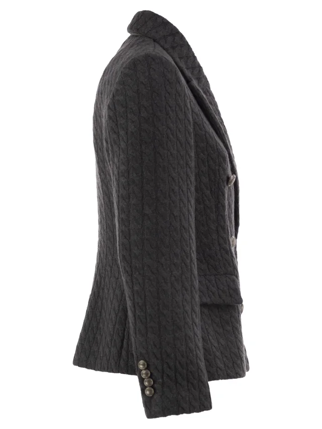 Brunello Cucinelli Double-breasted cashmere cable-knit blazer, photo 2 of 4 from SENSER
