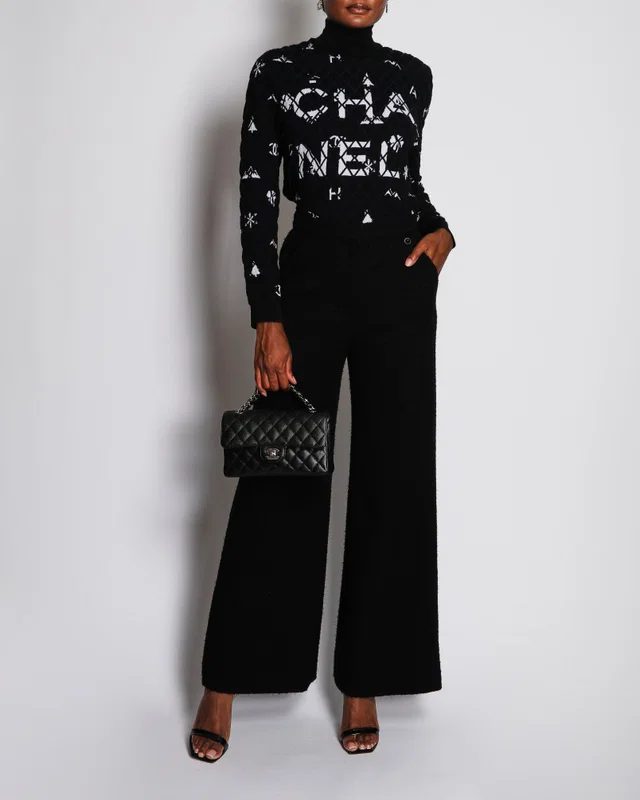 Chanel 19/B Black Tweed High-Waist Wide Leg Trousers Size FR 38 (UK 10) in Black Tweed from Sellier