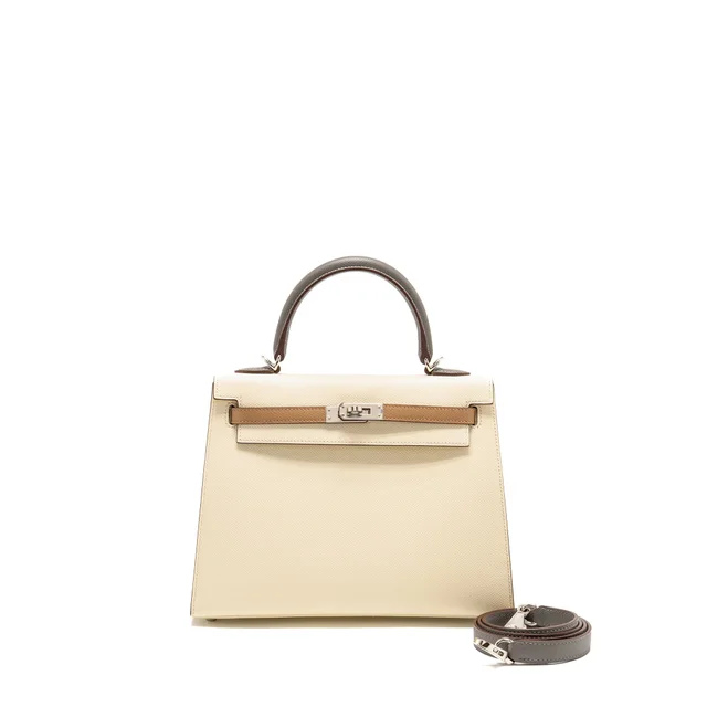 Hermès Kelly 25 Epsom Nata/Chai/Gris Meyer SHW Stamp U in Grey Epsom leather from EMIER