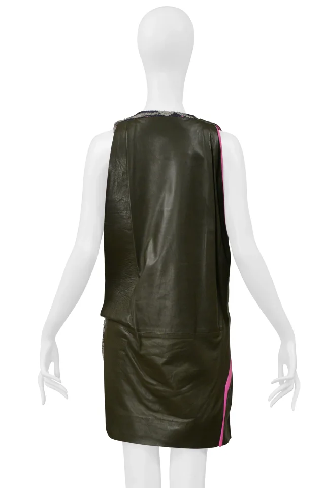 Balenciaga By Ghesquiere Army Green And Pink Leather Dress 2010 in Green Leather from Resurrection Vintage, photo 4 of 8