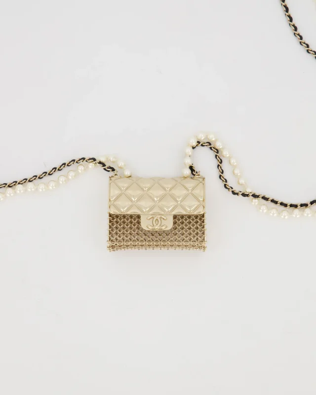 Chanel Gold Quilted Pearl Chain Necklace Featuring a Miniature Bag Pendant in Gold from Sellier, photo 3 of 7