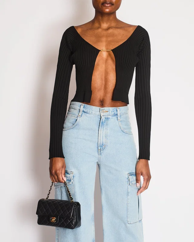 Jacquemus Black Ribbed Long Sleeve Top with Metal Logo Detail Size FR 34 (UK 6) in Black from Sellier
