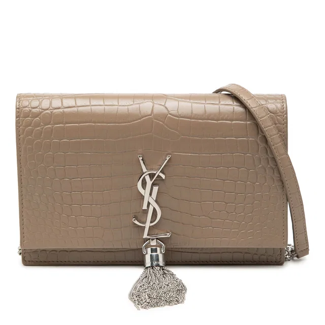 Brown Saint Laurent Small Croc Embossed Leather Monogram Kate Tassel Wallet on Chain Crossbody… in Brown Crocodile from Designer Revival