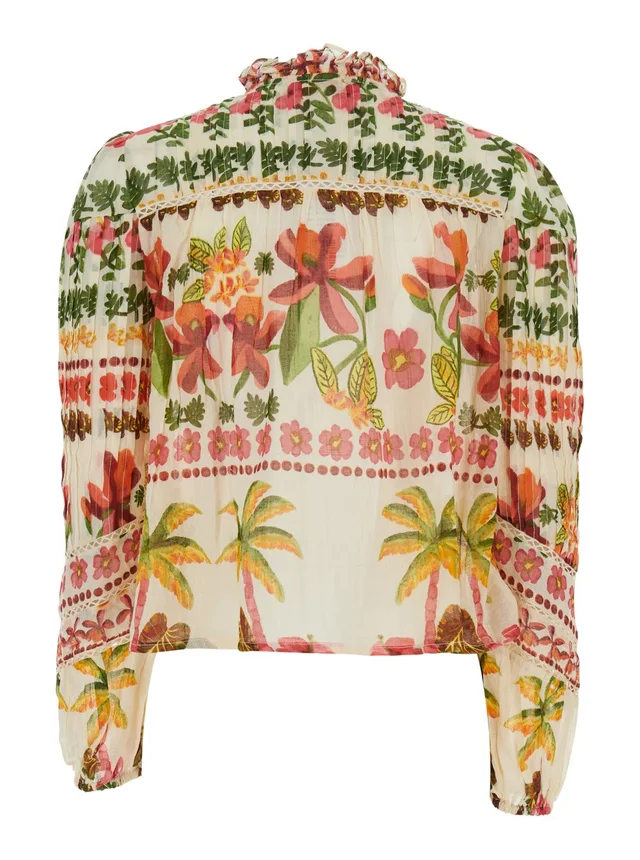 DERHY 'Axelle' White Crew Neck Blouse with ruffle details and all-over floral motif in cotton for women in White 100% Cotton, photo 4 of 6 from Gaudenzi Boutique