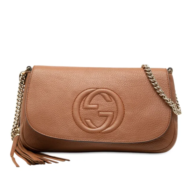 Brown Gucci Medium Calfskin Soho Chain Flap Crossbody in Brown Calfskin from Designer Revival
