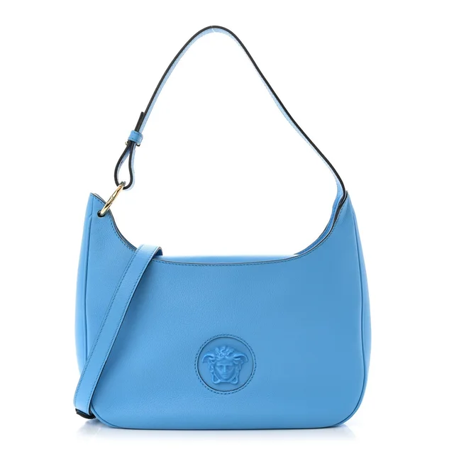 Versace La Medusa Hobo Calfskin Leather Bag - Blue in Blue Calfskin from H&T