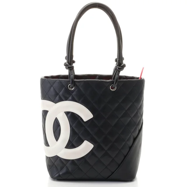 Chanel Cambon Line Medium Tote Handbag Calfskin Black White Silver in Black Calfskin from The Reluxe