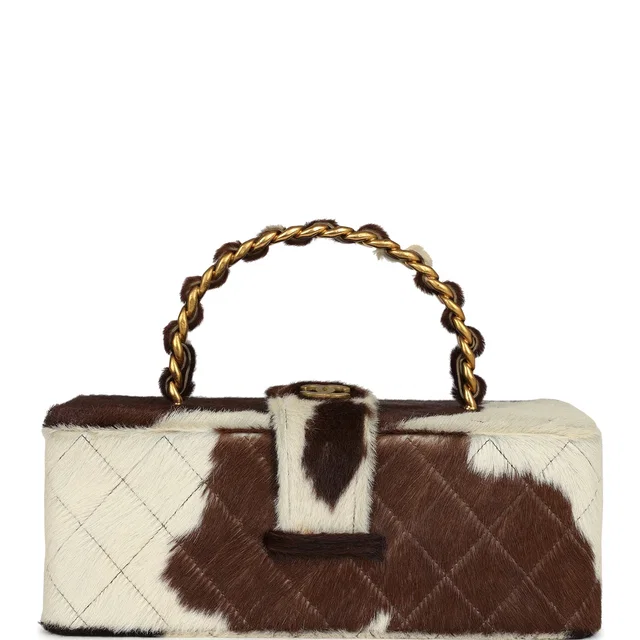 Chanel Vintage Rectangular Vanity Box Brown, White Cow Print Pony Hair Antique Gold Hardware in Brown Leather from Madison Avenue Couture