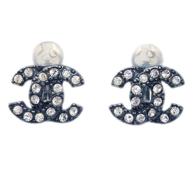 Chanel CC Earrings Clip-On Black Rhinestone 04A in Black from AMORE Vintage Tokyo