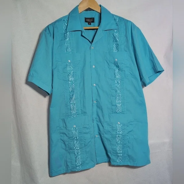 Omega Italy Teal Embroidered Guayabera Sz L Casual Shirt in blue from Poshmark